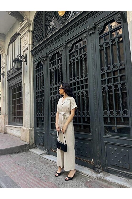 Gökyüzü Moda KETEN TULUM BEL BAĞLAMA DETAYLI - Krem