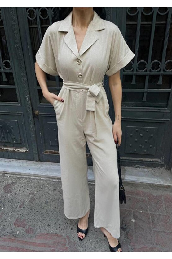 Gökyüzü Moda KETEN TULUM BEL BAĞLAMA DETAYLI - Krem