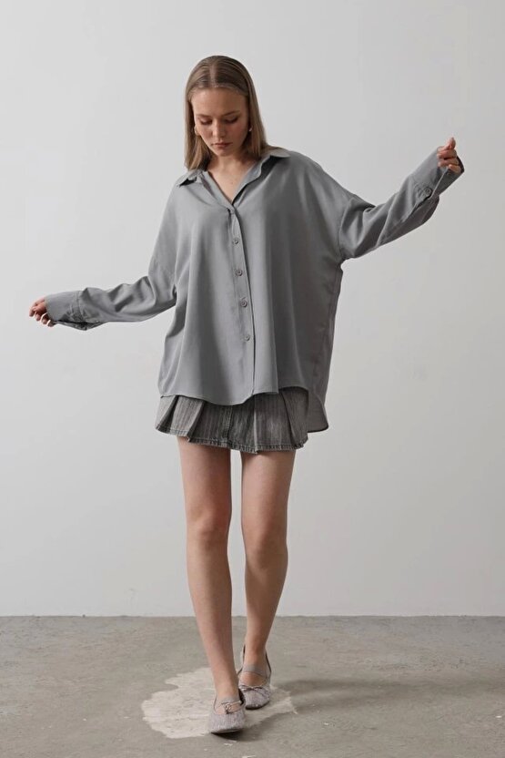 Geniş Manşet Detaylı Gömlek - Gri