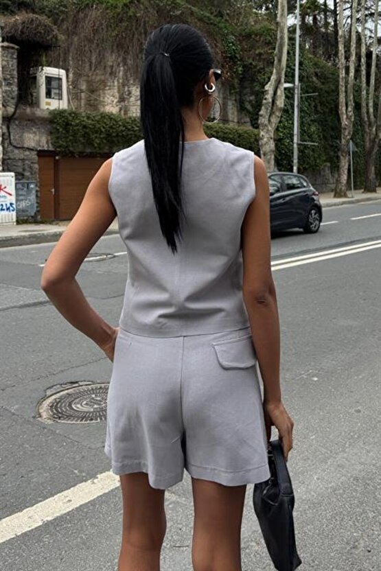 Gökyüzü Moda Yelek Şort Flamlı Keten Takım 10133-17