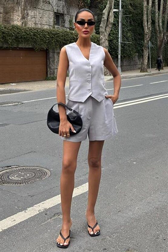 Gökyüzü Moda Yelek Şort Flamlı Keten Takım 10133-17