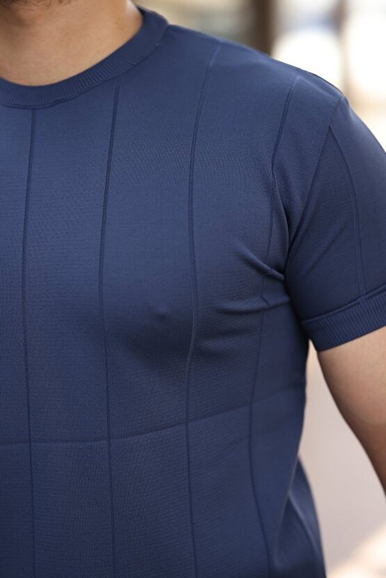 Gökyüzü Moda Erkek Ince çizgi Dokulu Bisiklet Yaka Kısa Kollu T-shirt