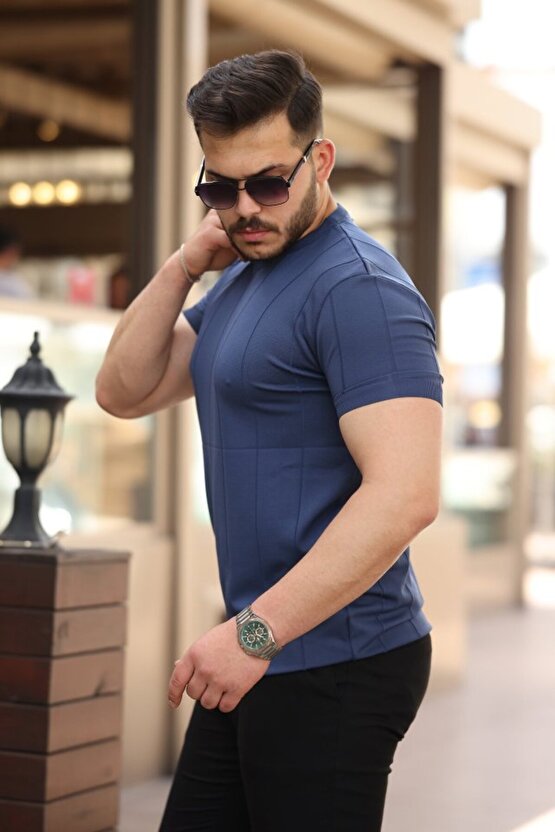 Gökyüzü Moda Erkek Ince çizgi Dokulu Bisiklet Yaka Kısa Kollu T-shirt