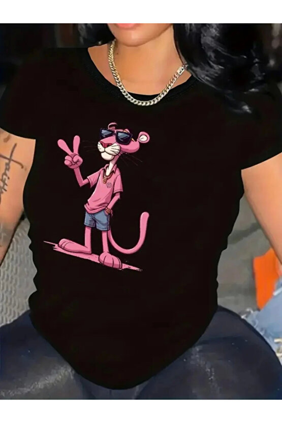 Gökyüzü Moda Pembe Panter Baskılı Oversize Bisiklet Yaka T-shirt - Beyaz