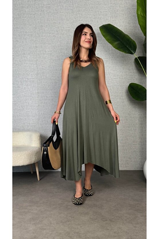 Gökyüzü Moda Kadın çan Dokuma Kumaş V Yaka Asimetrik Kesim Elbise