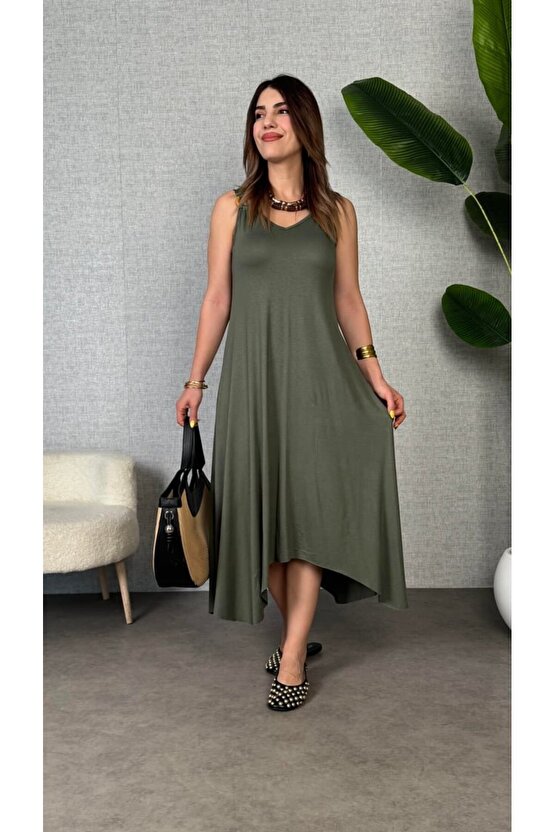Gökyüzü Moda Kadın çan Dokuma Kumaş V Yaka Asimetrik Kesim Elbise