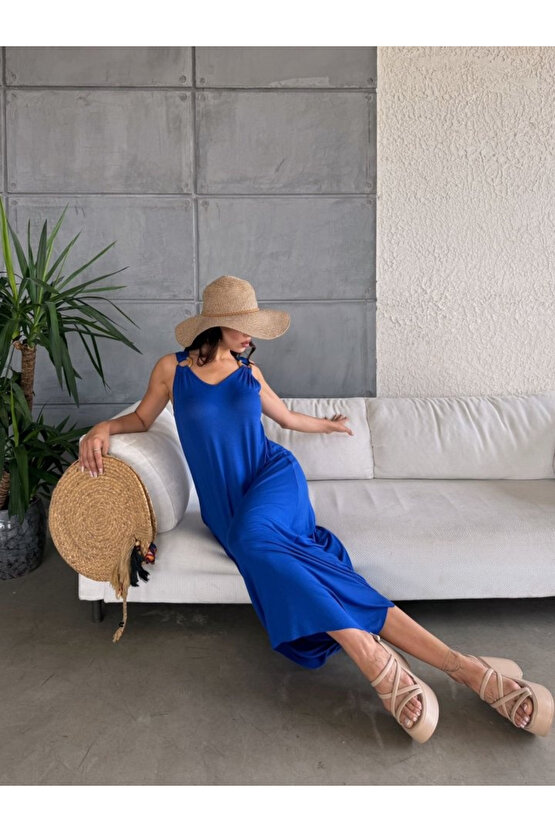 Gökyüzü Moda Kadın çan Dokuma Kumaş V Yaka Asimetrik Kesim Elbise