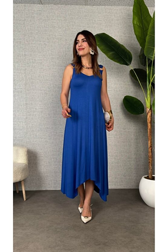 Gökyüzü Moda Kadın çan Dokuma Kumaş V Yaka Asimetrik Kesim Elbise