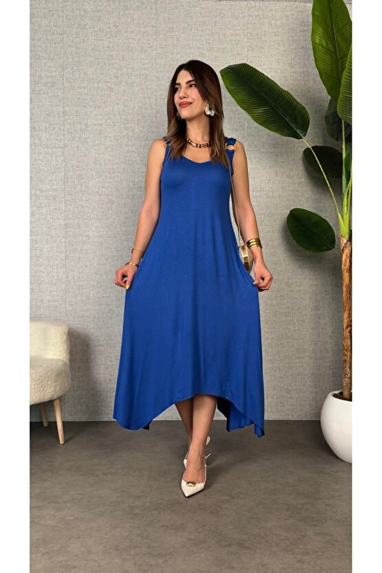 Gökyüzü Moda Kadın çan Dokuma Kumaş V Yaka Asimetrik Kesim Elbise