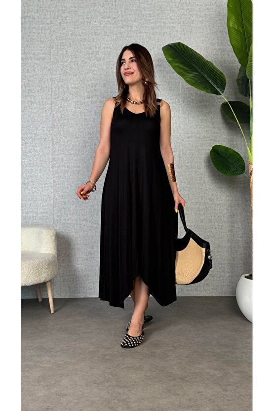 Gökyüzü Moda Kadın çan Dokuma Kumaş V Yaka Asimetrik Kesim Elbise