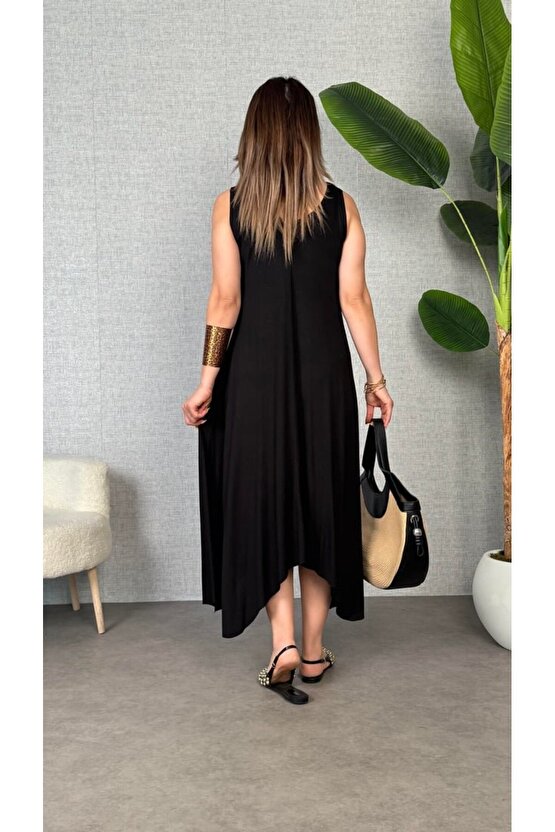 Gökyüzü Moda Kadın çan Dokuma Kumaş V Yaka Asimetrik Kesim Elbise