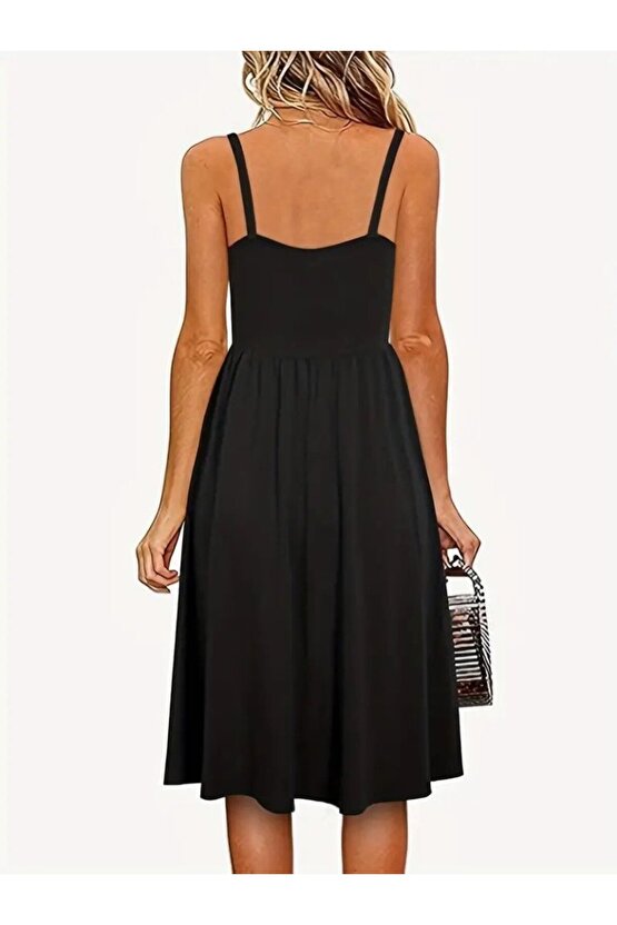 Kadın Ip Askılı V Yakalı Kısa Viskon Elbise