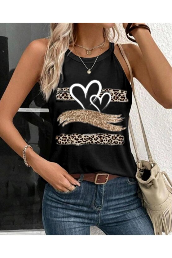 Kadın Sıfır Kol Halter Yaka Kalp Baskılı Viskon Bluz
