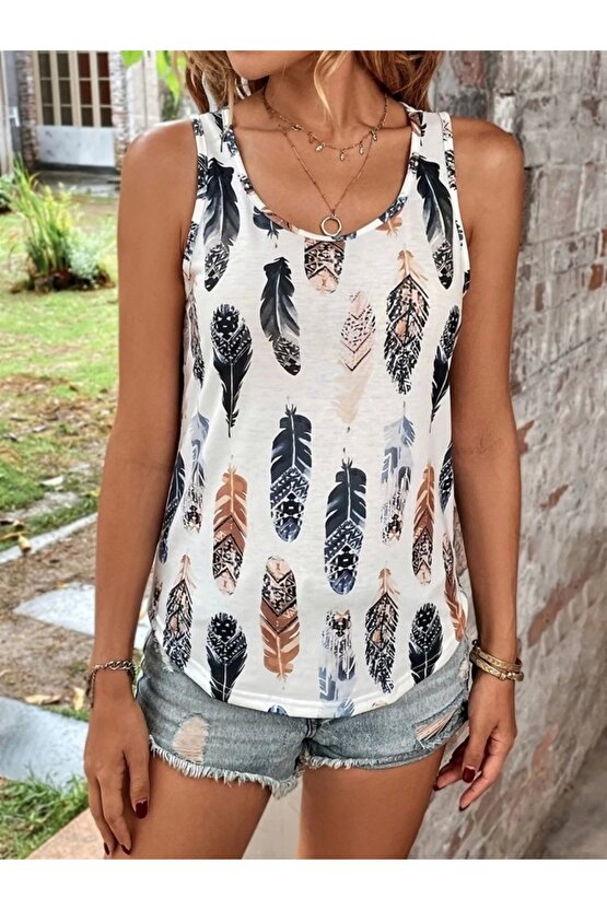 Kadın Sıfır Kollu V Yakalı Yaprak Desenli Süprem Bluz