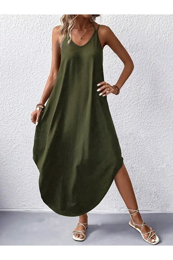 Gökyüzü Moda Kadın Askılı V Yakalı Uzun Viskon Elbise