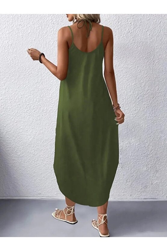 Gökyüzü Moda Kadın Askılı V Yakalı Uzun Viskon Elbise