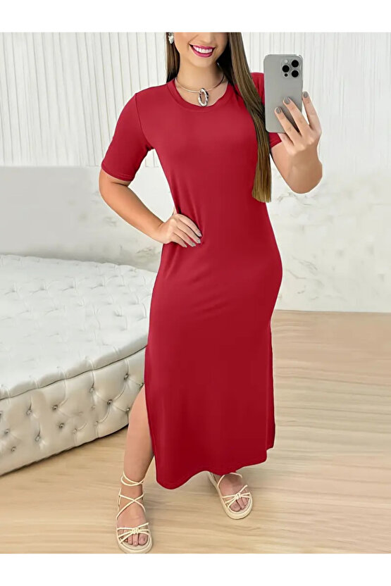 Gökyüzü Moda Kadın Kısa Kollu Bisiklet Yaka Yandan Yırtmaçlı Viskon Elbise