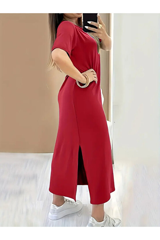 Gökyüzü Moda Kadın Kısa Kollu Bisiklet Yaka Yandan Yırtmaçlı Viskon Elbise