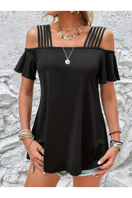 Gökyüzü Moda Kadın Kısa Kollu Beş Askılı Viskon Bluz