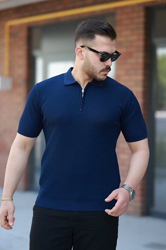 Gökyüzü Moda Erkek Fermuarlı Yakalı Kısa Kollu Tshirt