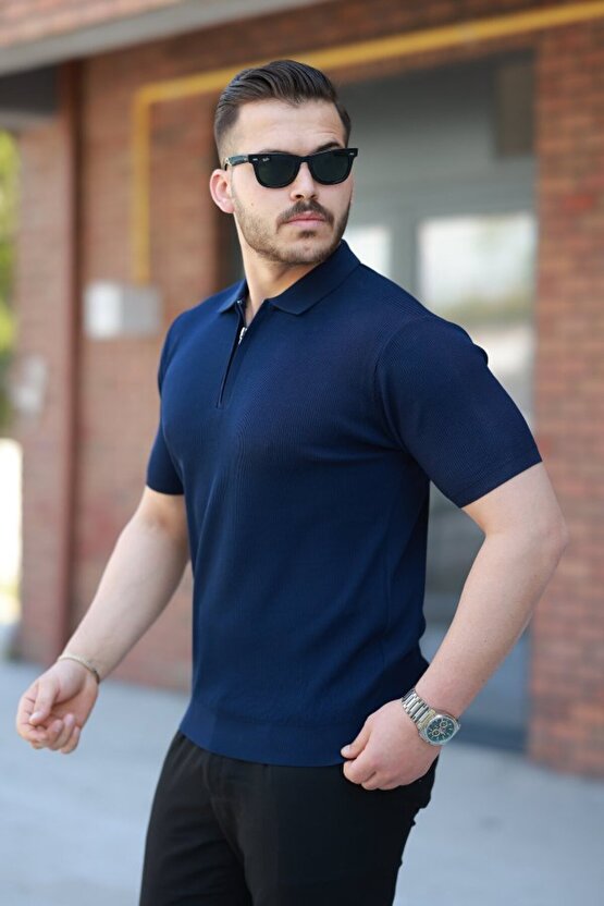 Gökyüzü Moda Erkek Fermuarlı Yakalı Kısa Kollu Tshirt