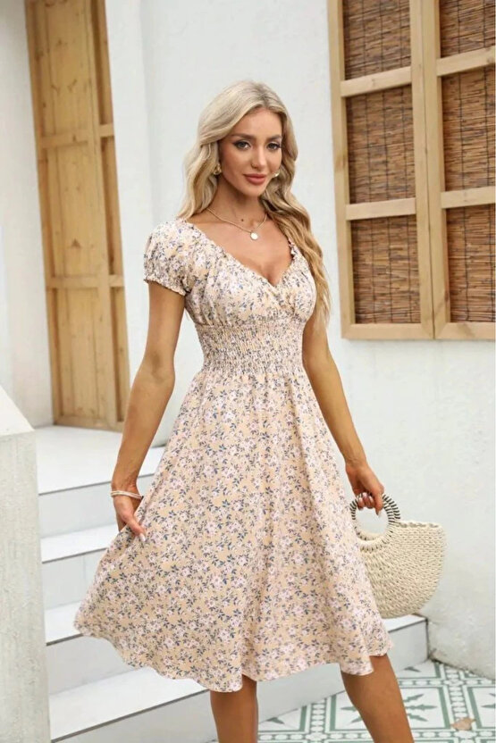 MDB Kadın Kısa Kollu Kruvaze Yaka Lastikli Belden Gipeli çiçek Desenli Suprem Elbise