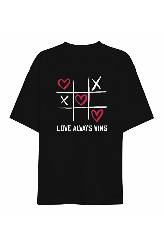 Gökyüzü Moda Sevgililer Günü İçin Özel Tasarım Love Always Wıns Baskılı T-shirt - Siyah