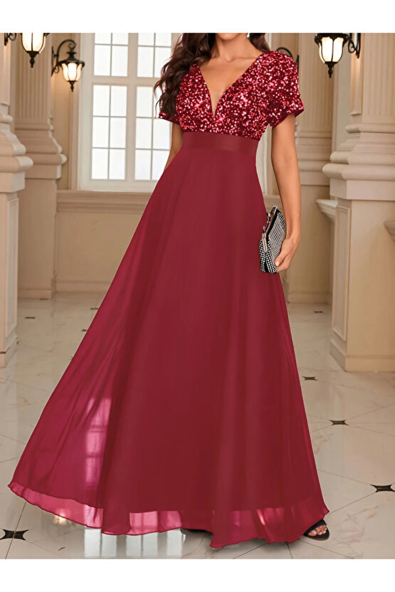 Gökyüzü Moda Kadın Kısa Kollu Derin V Yakalı A Kesim Pulpayet Detaylı şifon Nedime Elbisesi