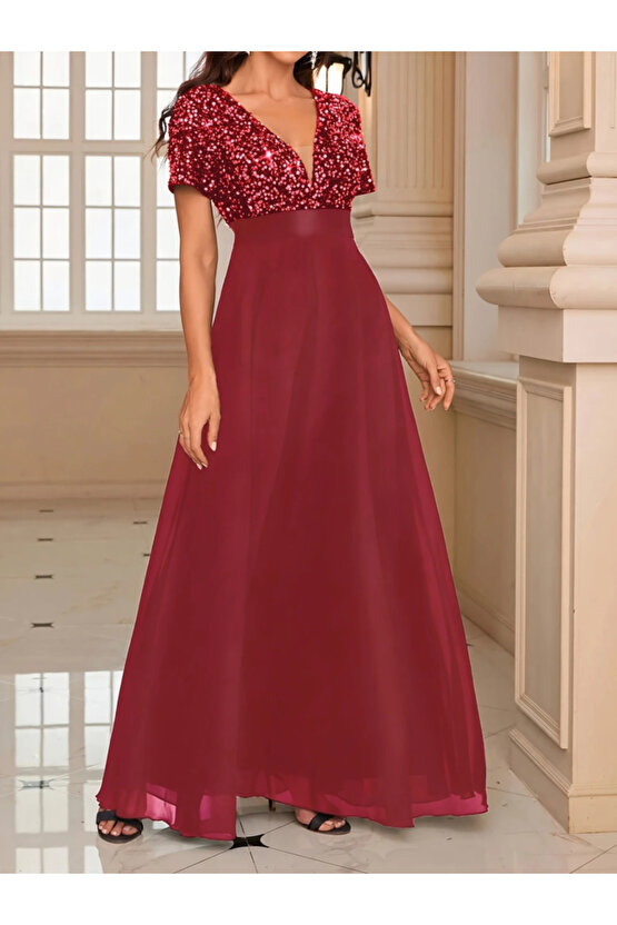 Gökyüzü Moda Kadın Kısa Kollu Derin V Yakalı A Kesim Pulpayet Detaylı şifon Nedime Elbisesi