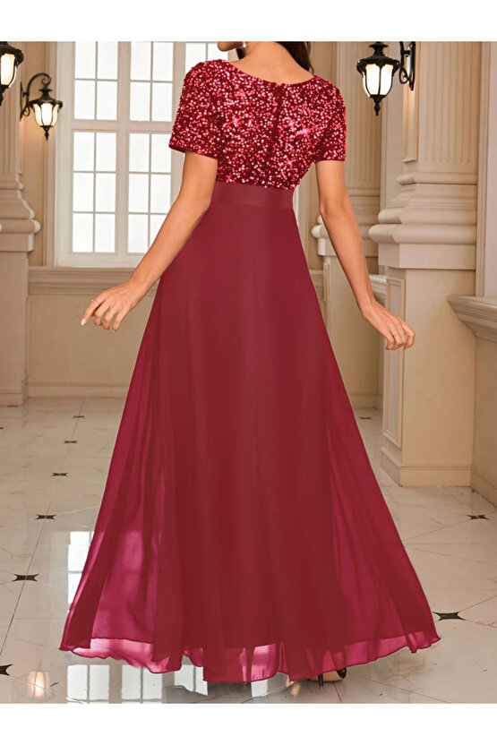 Gökyüzü Moda Kadın Kısa Kollu Derin V Yakalı A Kesim Pulpayet Detaylı şifon Nedime Elbisesi