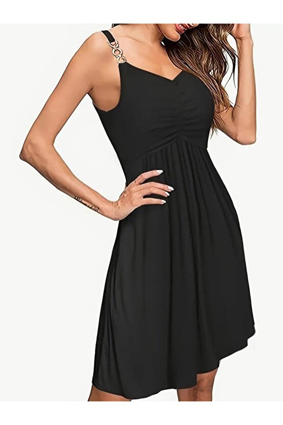 Gökyüzü Moda Kadın Ip Askılı V Yakalı Kısa Viskon Elbise