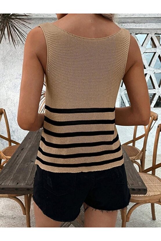 Gökyüzü Moda Kadın Sıfır Kol Yuvarlak Yaka şerit Detay Triko Bluz