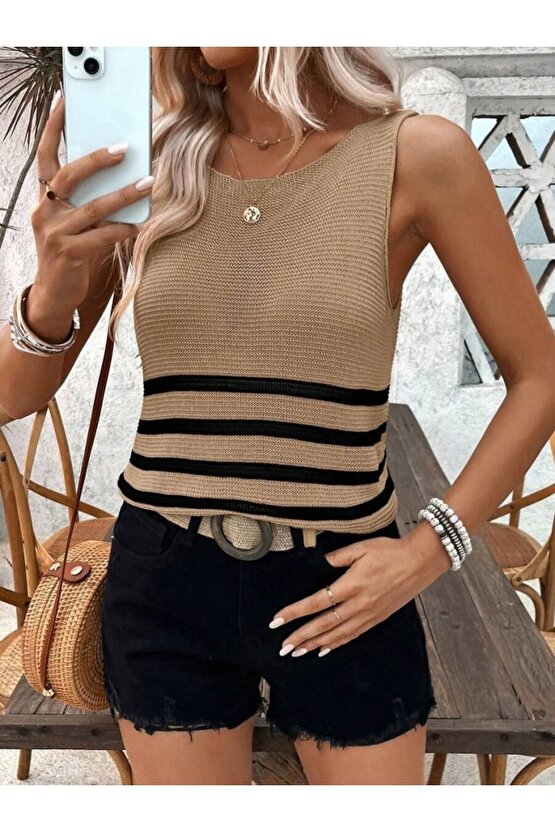 Gökyüzü Moda Kadın Sıfır Kol Yuvarlak Yaka şerit Detay Triko Bluz