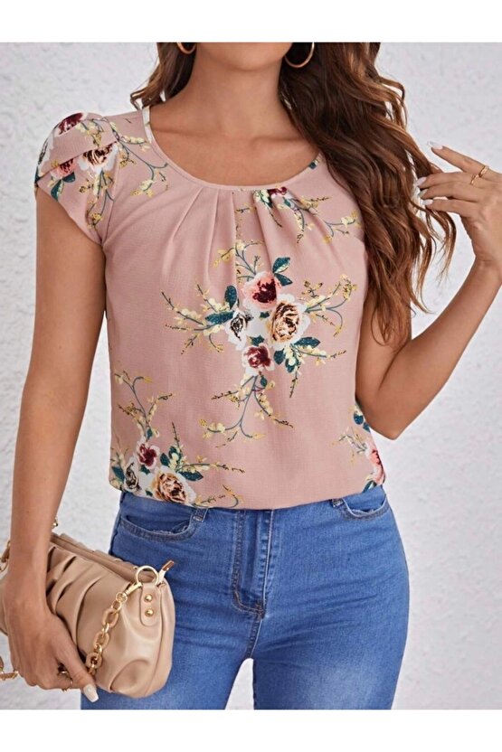 Kadın Kısa Kollu Bisiklet Yaka çiçek Baskılı Süprem Bluz