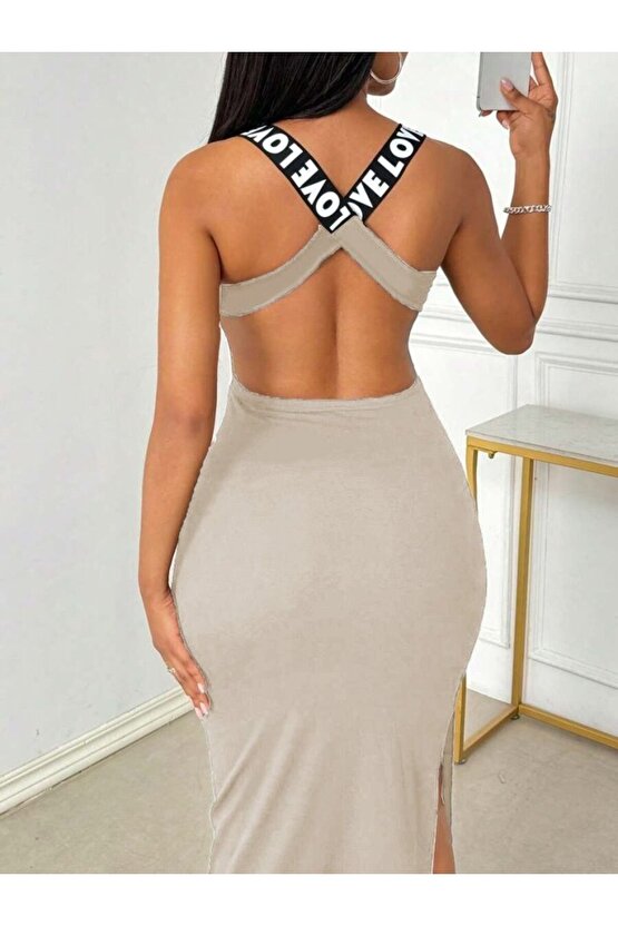 Gökyüzü Moda Kadın Yuvarlak Yaka Sırttan çapraz şerit Love Detaylı Yırtmaçlı Viskon Elbise