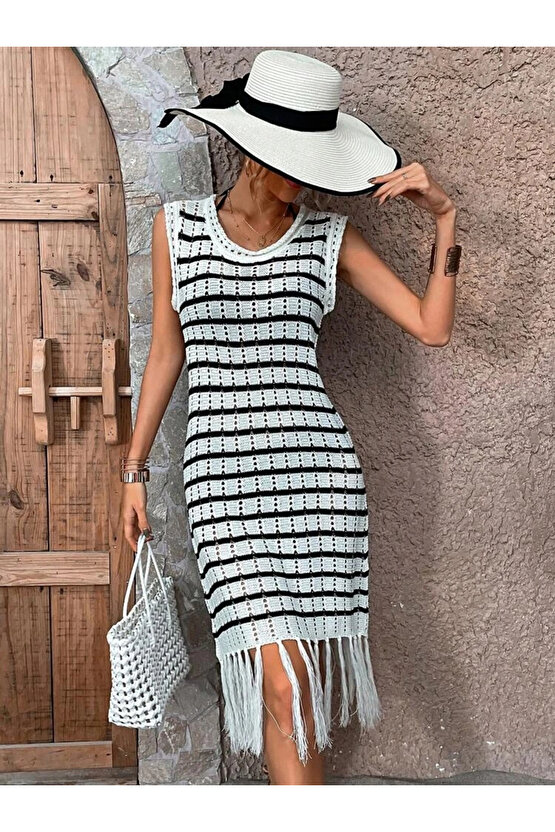 Gökyüzü Moda Kadın Kolsuz V Yaka Eteği Püsküllü çizgi Desen Triko Elbise