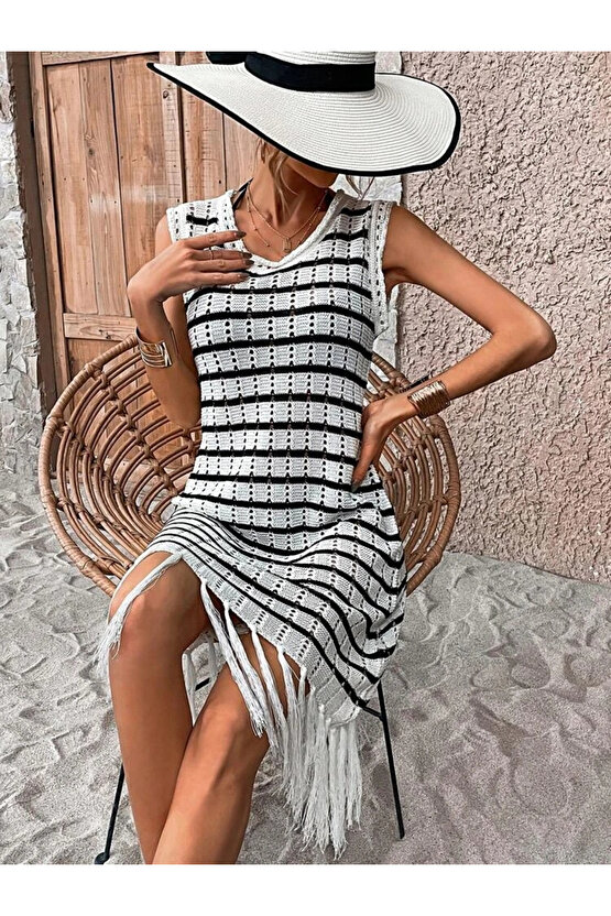 Gökyüzü Moda Kadın Kolsuz V Yaka Eteği Püsküllü çizgi Desen Triko Elbise