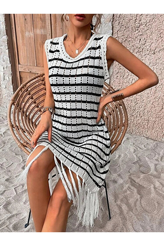 Gökyüzü Moda Kadın Kolsuz V Yaka Eteği Püsküllü çizgi Desen Triko Elbise