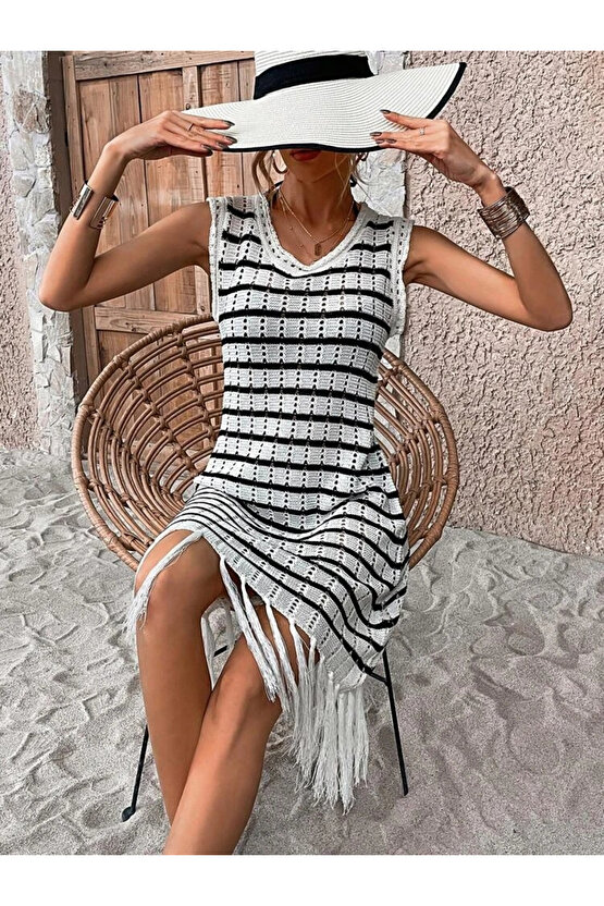 Gökyüzü Moda Kadın Kolsuz V Yaka Eteği Püsküllü çizgi Desen Triko Elbise