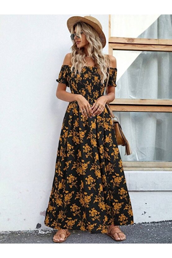 Gökyüzü Moda Kadın Kısa Kollu Madonna Yaka Yırtmaçlı çiçek Desenli Süprem Elbise