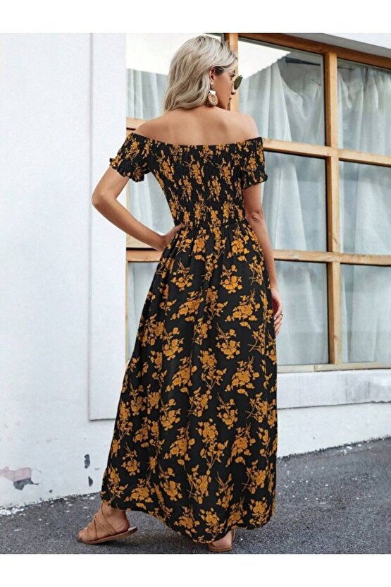 Gökyüzü Moda Kadın Kısa Kollu Madonna Yaka Yırtmaçlı çiçek Desenli Süprem Elbise