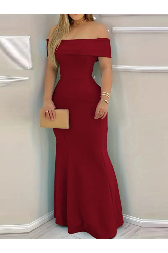 Gökyüzü Moda Kadın Kısa Kollu Madonna Yaka Belden Oturtmalı Uzun Ithal Krep Elbise