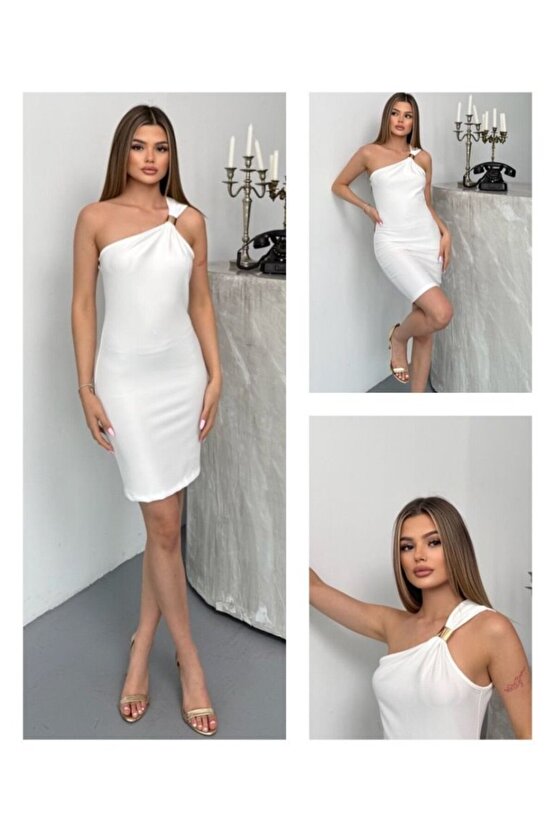 Gökyüzü Moda Kadın Ottoman Kumaş Tek Omuz Askılı Toka Detaylı Mini Boy Elbise