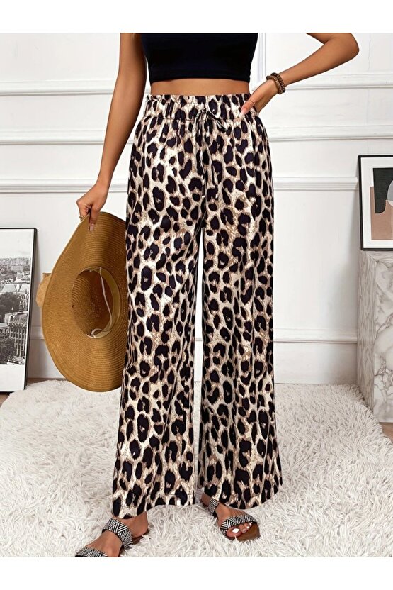Gökyüzü Moda Kadın Yüksek Bel Beli Lastikli Bağcıklı Leopar Desenli Süprem Pantolon