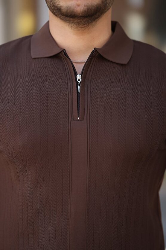 Gökyüzü Moda Erkek Yakası Fermuarlı Kısa Kollu T-shirt