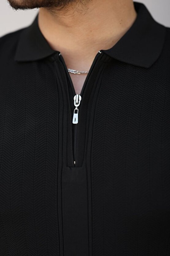 Gökyüzü Moda Erkek Yakası Fermuarlı Kısa Kollu T-shirt