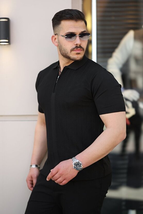 Gökyüzü Moda Erkek Yakası Fermuarlı Kısa Kollu T-shirt