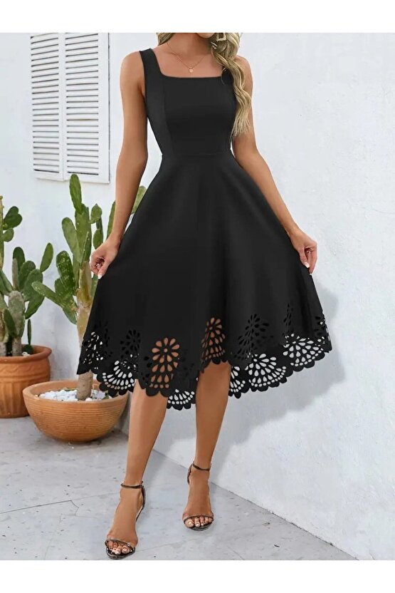 Gökyüzü Kadın Askılı Geometrik Yaka çiçek Lazer Kesim Ithal Krep Elbise