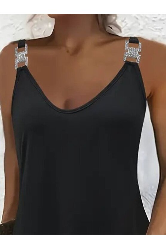 Gökyüzü Moda Kadın Askılı V Yakalı Toka Detaylı Janjan Krep Elbise