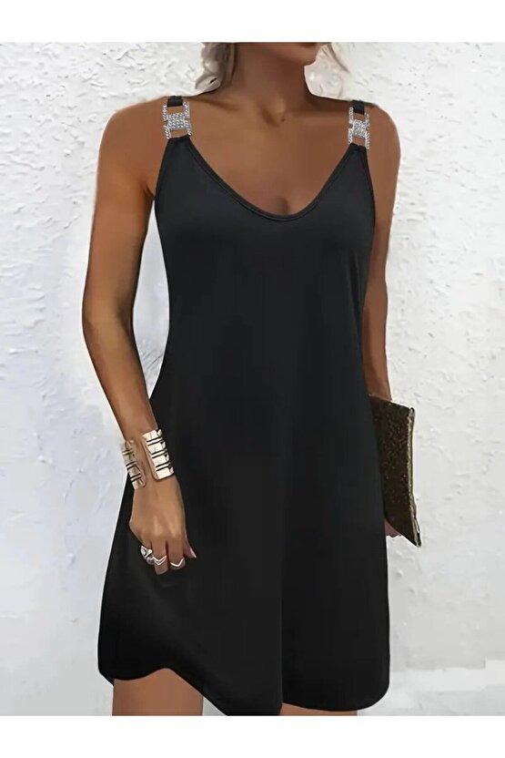 Gökyüzü Moda Kadın Askılı V Yakalı Toka Detaylı Janjan Krep Elbise